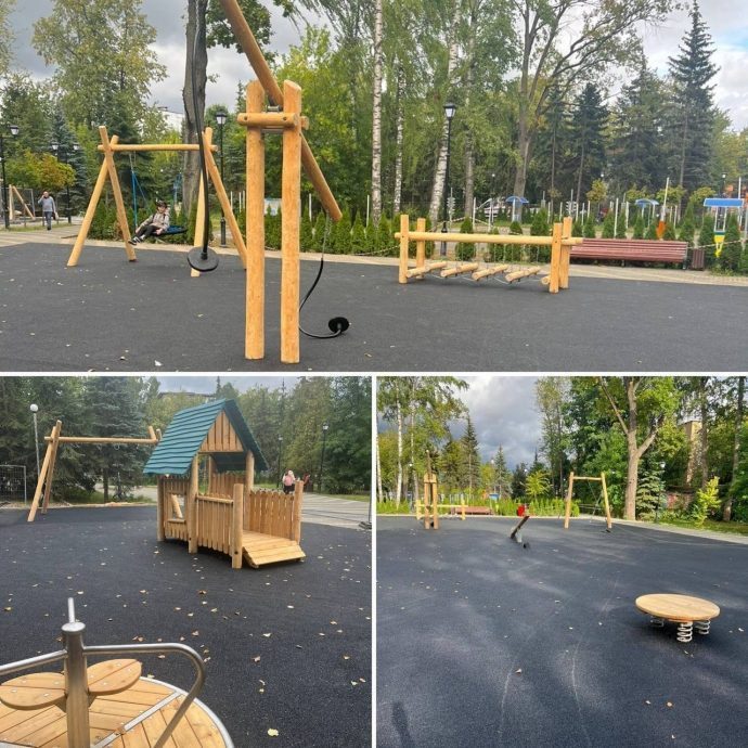 Новая детская площадка в парке «Фабричный» г. Дедовск имеет несколько зон