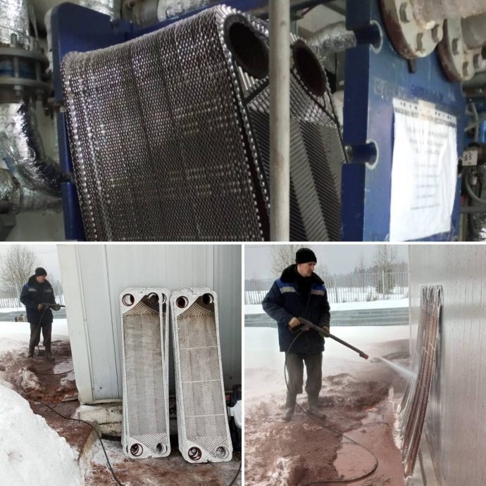 Сотрудники «Истринской теплосети» занимаются очисткой пластин теплообменного оборудования котельных